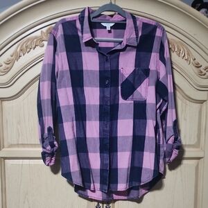 Time and Tru Purple and Navy Checkered Shirt